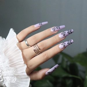 Long Coffin Ballerina False Nails Purple Gradient Black Butterfly Pattern Press On Nails For Women Decorative Daily Wear