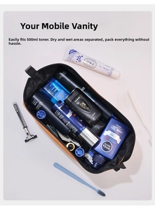 Detail view of large capacity toiletry bag with dry-wet separation for grooming items