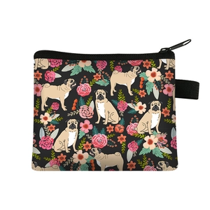 Cartoon pug dog and rose floral print square coin purse with zipper closure