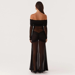 Elegant off-shoulder black mesh long sleeve maxi dress featuring a sheer backless design