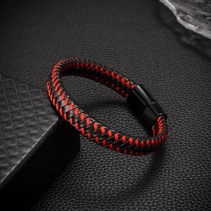 Vintage multilayer hand-woven PU leather bracelet with black and red magnetic metal clasp
