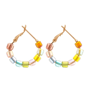Colorful geometric crystal hoop earrings in gold with rainbow glass beads for women