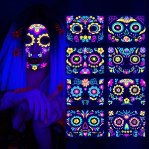 Halloween Day Of The Dead Face Tattoo Stickers UV Fluorescent Neon Sugar Skull Waterproof Makeup For Party Cosplay