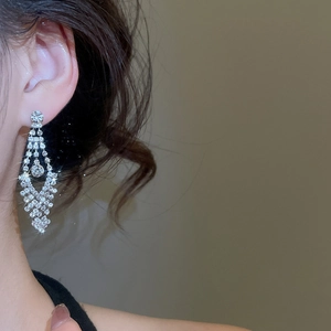 Macro shot of elegant long tassel earrings with sparkling crystals on a silver base