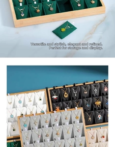 Detail of wooden jewelry display tray with multi-slot velvet lining for necklaces