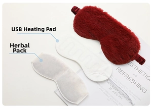 Detail of plush sleep mask with USB heating pad and herbal pack for soothing eye therapy