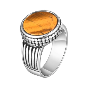Men's vintage stainless steel ring featuring oval tiger eye stone and embossed details