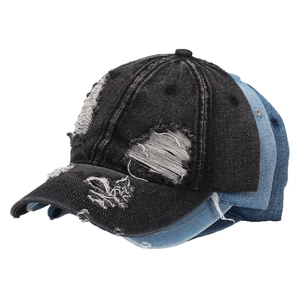 Casquettes de baseball en jean délavé avec détails déchirés vintage en noir et bleu