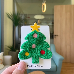Green Christmas tree towel embroidery brooch with yellow star and colorful dots on card