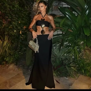 Halter Maxi Dress Polyester Waist Cutout Circular Metal Discs Connected Backless Sexy Beach Vacation Party For Women