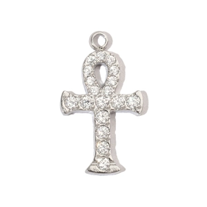 Detailed view of silver Ankh cross pendant with hand-set cubic zirconia stones