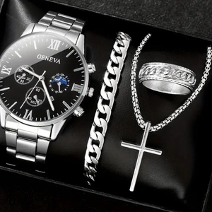 Men Business Quartz Watch Roman Numeral Dial Cross Pendant Necklace Cuban Link Bracelet Chain Ring Alloy Metal
