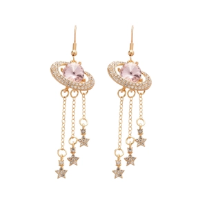 French court style gold tassel earrings with pink oval stones and diamond stars