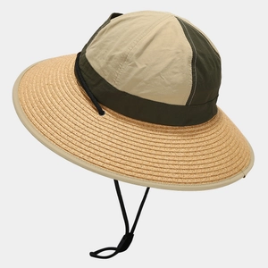 Outdoor sun hat with green khaki patchwork top, straw brim and adjustable wind strap