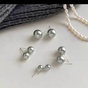 Elegant grey pearl stud earrings in four sizes with S925 silver needles for women