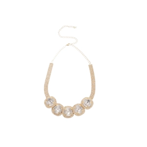 Golden luxury statement necklace with five large round rhinestones and multi-row crystals
