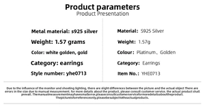 Detailed specifications for S925 silver opal earrings weighing 1.57g in platinum and gold