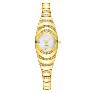 Elegant gold quartz watch for women with mother-of-pearl dial and sparkling rhinestones