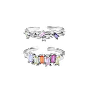 Irregular silver branch ring with rainbow rectangular gemstones and pavé accents