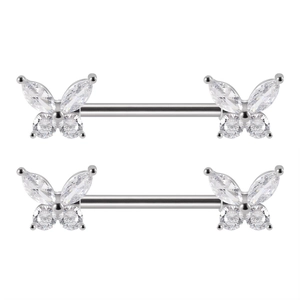 Pair of silver butterfly nipple rings with sparkling white cubic zirconia stones on white base