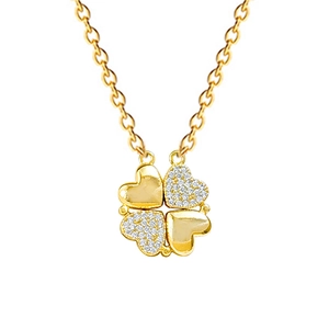 Titanium steel four-leaf clover necklace with sparkling rhinestones in gold finish