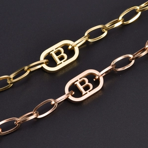 Macro shot of titanium steel Gourd Hulu bracelet with letter B detail in gold and rose gold