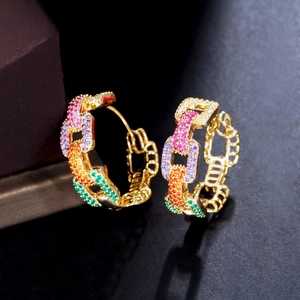 French style golden chain earrings featuring vibrant rainbow gradient cubic zirconia stones