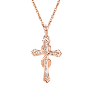 Elegant s925 silver rose gold cross necklace with micro-pave heart shaped crystals