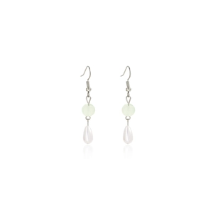 Detail of silver drop earrings with light green bead, white pearl and tassels
