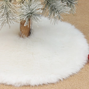 Detailed texture of white faux fur Christmas tree skirt on a warm beige carpet