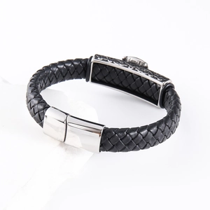 Men's black braided leather bracelet with vintage silver lion head magnetic clasp