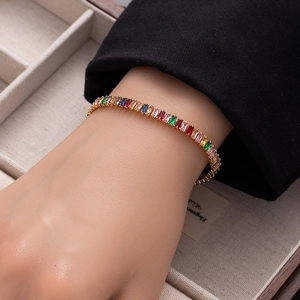 Rainbow tennis bracelet with multicolor rectangle zircons and gold-plated finish