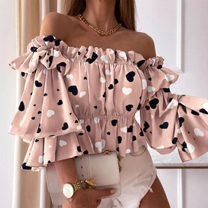 Rosa schulterfreies Langarmshirt mit Herzmuster und geraffter Taille für Damen