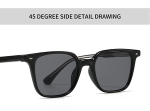 Detailed 45-degree side view of black square sunglasses with metal rivet hinges