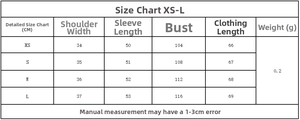 Detaillierte Größentabelle für geblümte Langarmshirts mit Maßen in Zentimetern von XS bis L