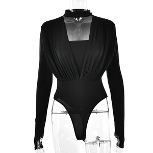 Sexy black long sleeve bodysuit featuring deep V-neck and ruffled texture for women
