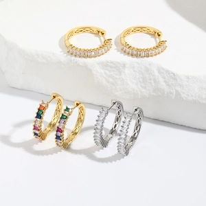Brass Hoop Earrings With Baguette Cubic Zirconia Rainbow Colorful Gold Plated Minimalist Fashion Jewelry For Women