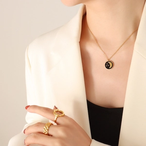 Stainless Steel Round Pendant Necklace 18K Gold Plated Black Enamel Moon Stars Celestial Clavicle Chain For Women