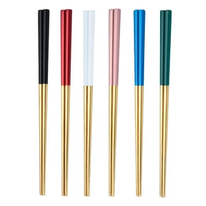 Set of 6 pairs of colorful 304 stainless steel square chopsticks with gold tips