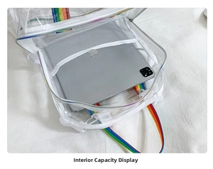 Internal view of transparent PVC backpack showing spacious capacity for a tablet device