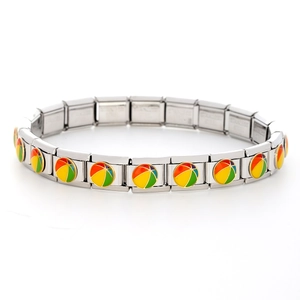 Detail of stainless steel charm bracelet featuring colorful enamel beach ball link patterns