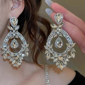 Detailed close-up of crystal teardrop pendant earrings showing sparkling silver setting