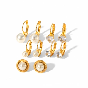 Lot de 5 paires de boucles d'oreilles en acier doré avec perles et pierres de zircon