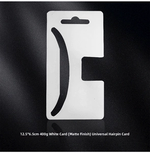 Detailed white 12.5x6.5cm hair clip display card with hanging hole and matte finish
