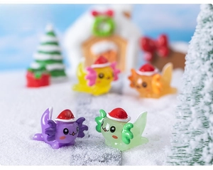 Miniature colorful Christmas axolotls with red Santa hats in a snowy festive scene