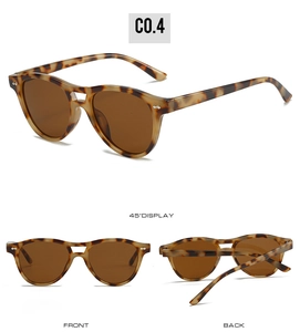 Detailed views of leopard print sunglasses with brown lenses and metal rivet accents