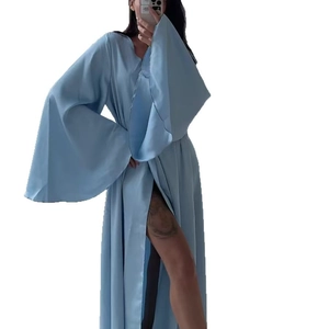 Elegant light blue satin robe featuring oversized flare sleeves and a high side slit design