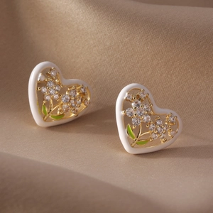 Sweet Copper Enamel Heart Flower Stud Earrings With Zirconia Inlaid Elegant Floral Heart Shaped Earrings For Women Gift