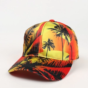 Detailed close-up of tropical sunset palm tree print on a satin finish baseball cap