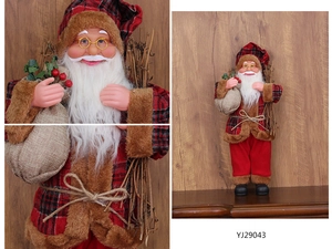 Detail of 18 inch standing Santa Claus doll with red plaid coat and burlap gift bag